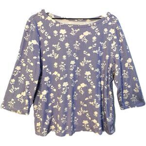 CHARTER CLUB Floral Striped Women's Boatneck 3/4 Sleeve Top - Blue White.